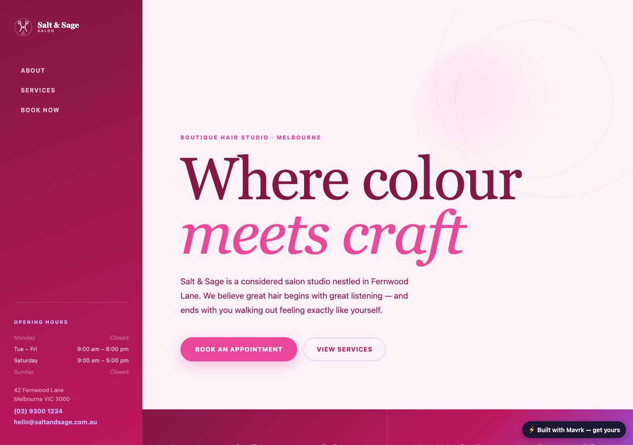 Salt and Sage Salon — a real app built by MAVRK from one sentence