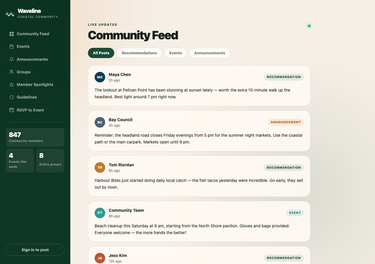 Waveline Community — a real app built by MAVRK